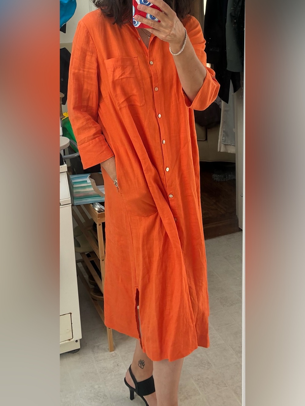 J Jill Women’s Button-Front Orange Midi Dress w/ pockets